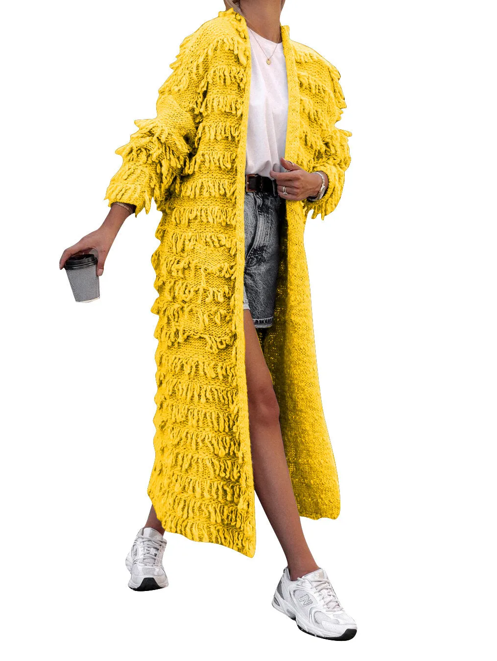 MB FASHION  Long Fringe Textured Open-Front Cardigan COAT 1282LY
