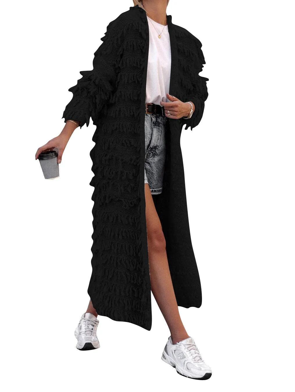 MB FASHION  Long Fringe Textured Open-Front Cardigan COAT 1282LY