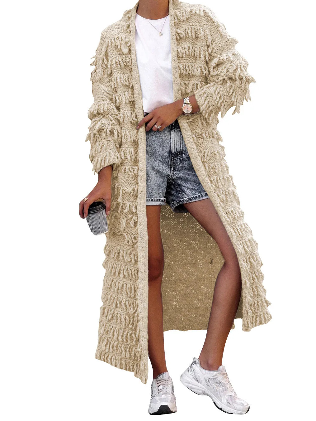 MB FASHION  Long Fringe Textured Open-Front Cardigan COAT 1282LY