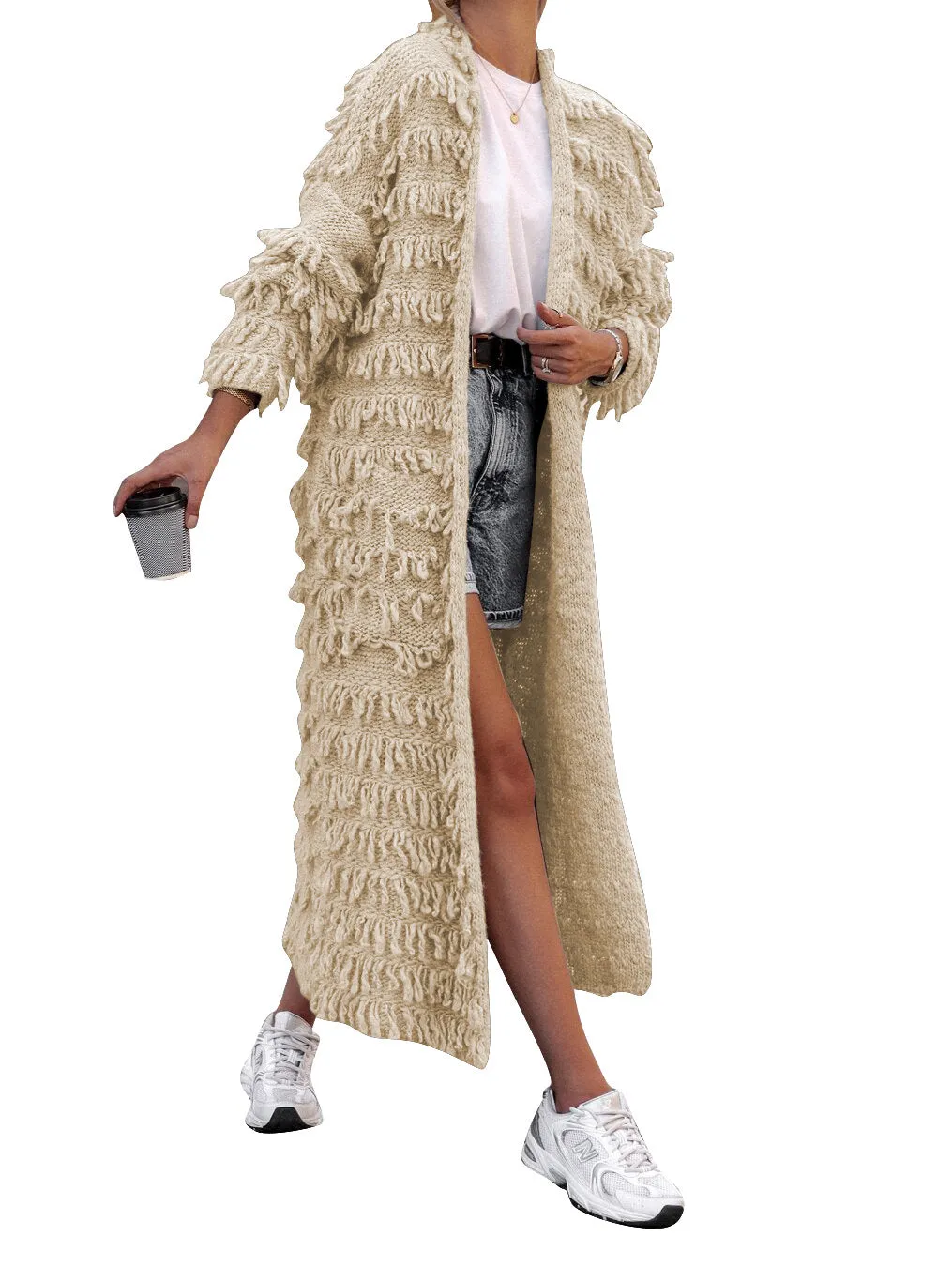 MB FASHION  Long Fringe Textured Open-Front Cardigan COAT 1282LY
