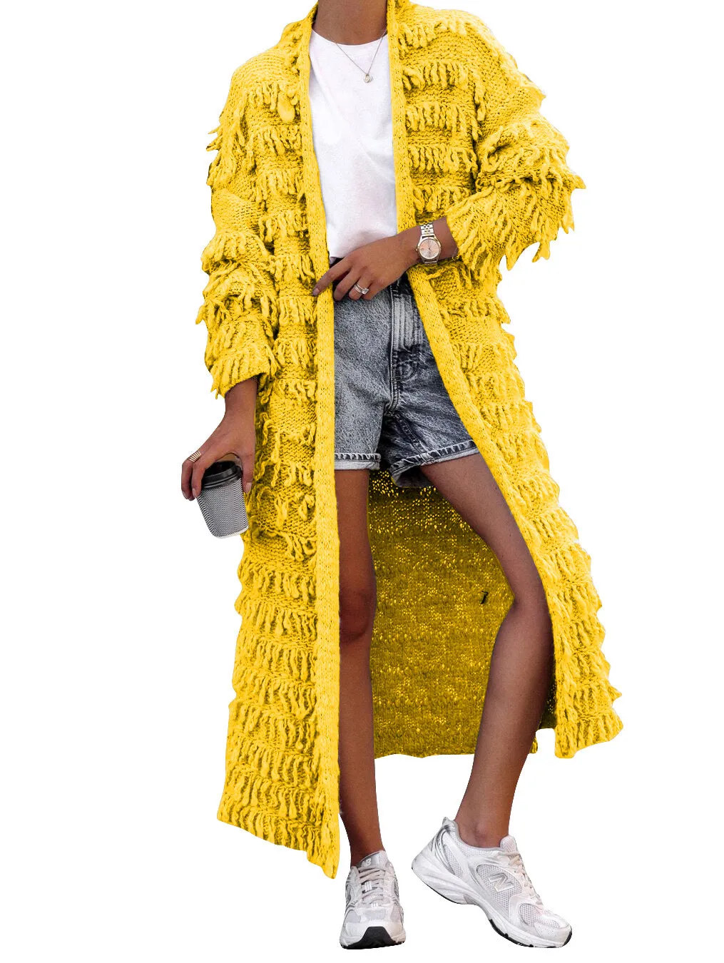 MB FASHION  Long Fringe Textured Open-Front Cardigan COAT 1282LY