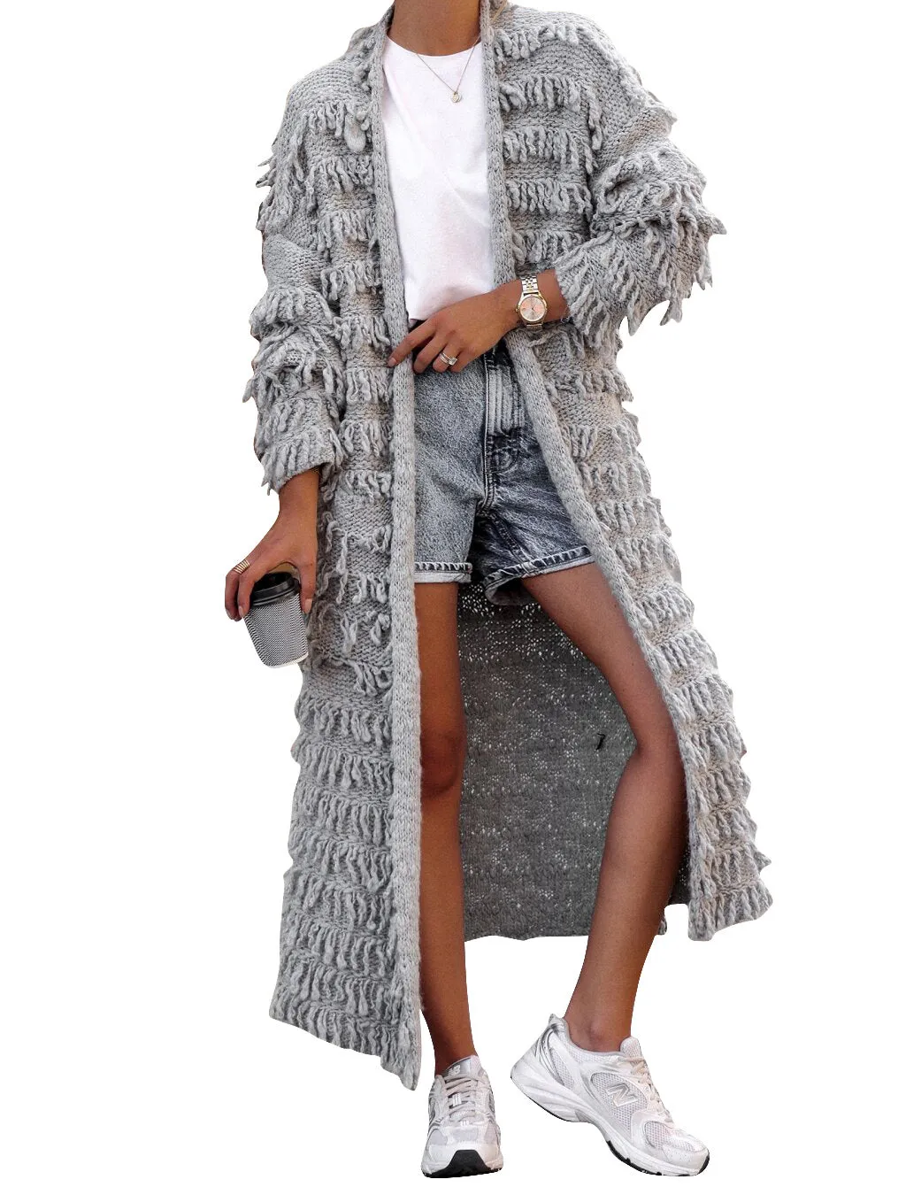 MB FASHION  Long Fringe Textured Open-Front Cardigan COAT 1282LY