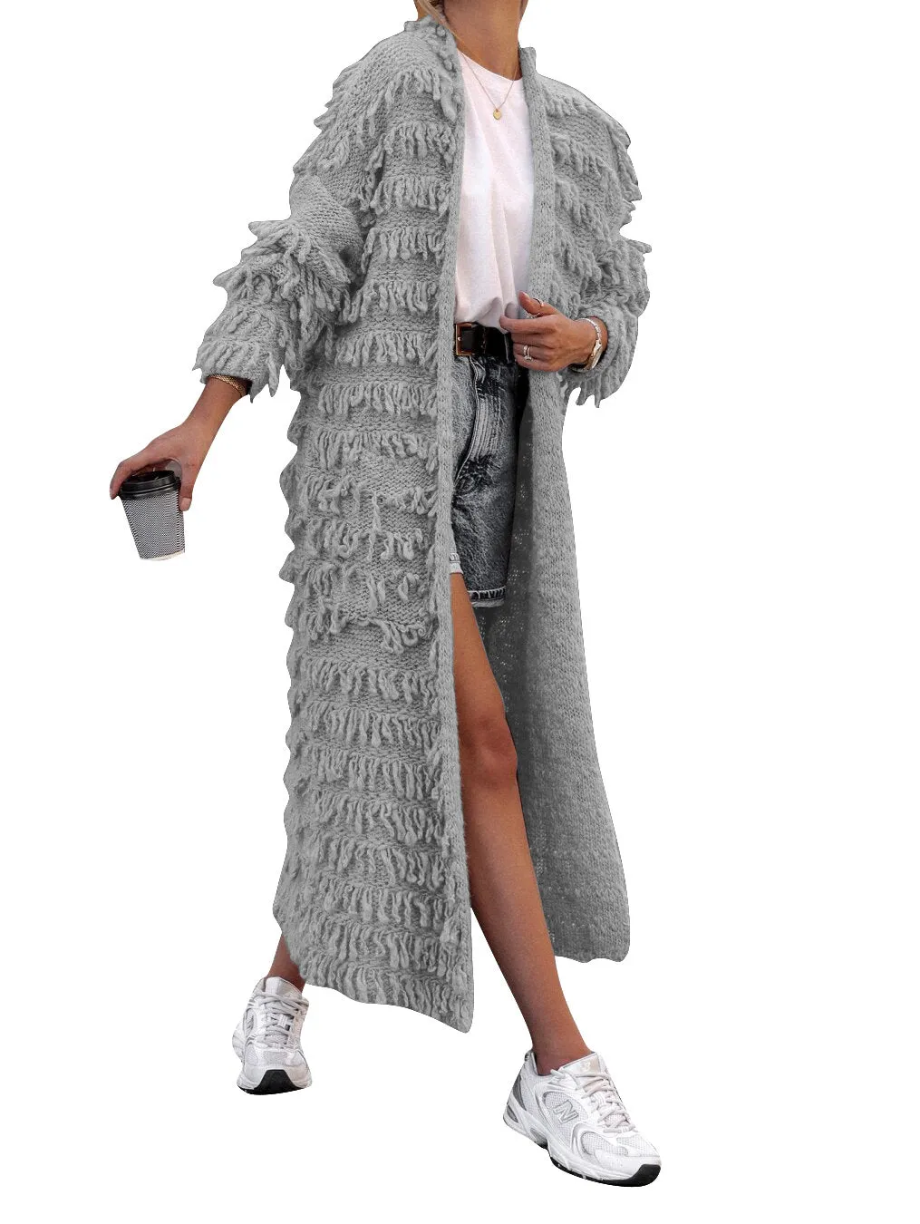 MB FASHION  Long Fringe Textured Open-Front Cardigan COAT 1282LY