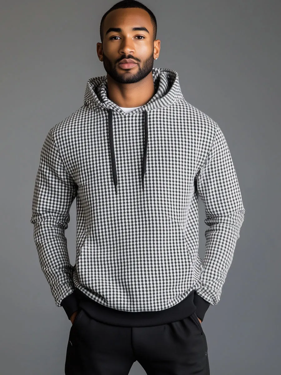 Men's Black and White Houndstooth Casual Hoodie