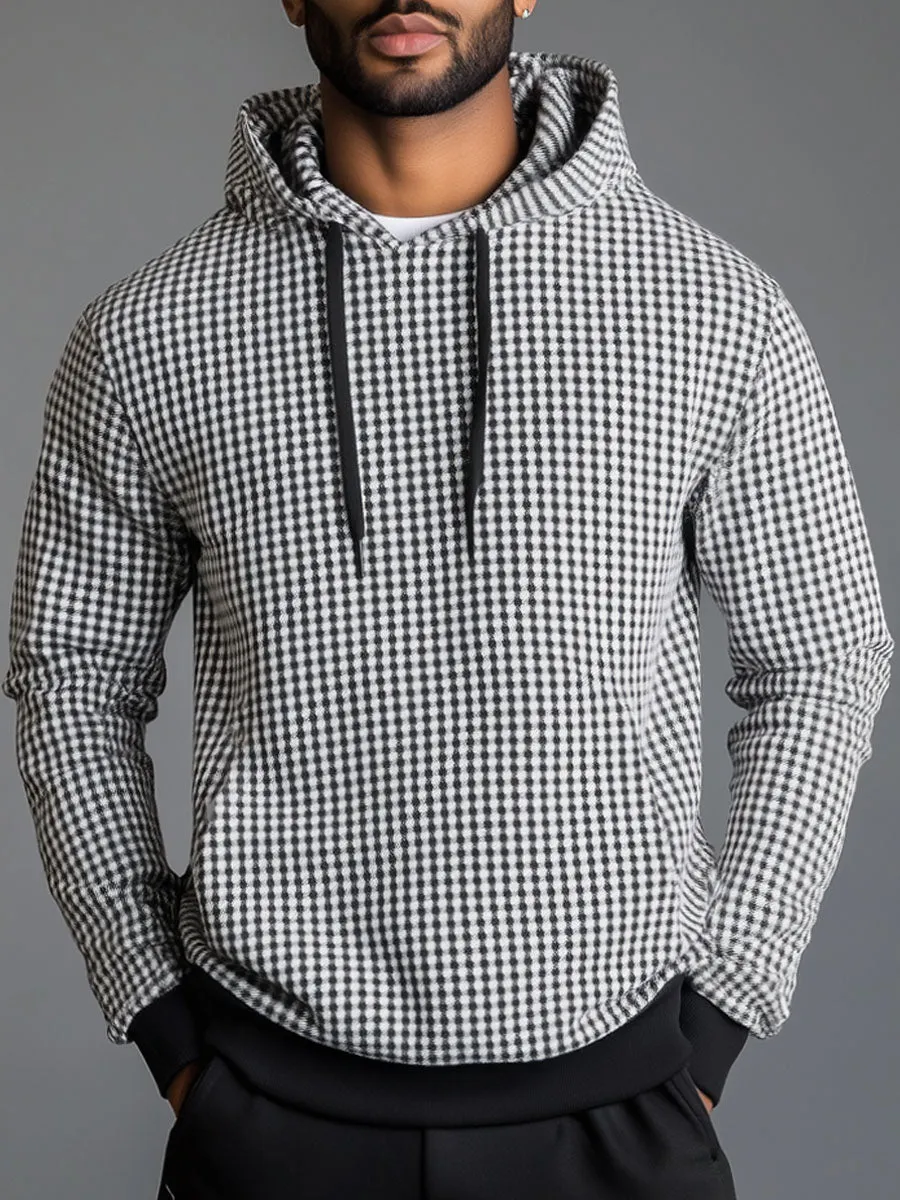 Men's Black and White Houndstooth Casual Hoodie