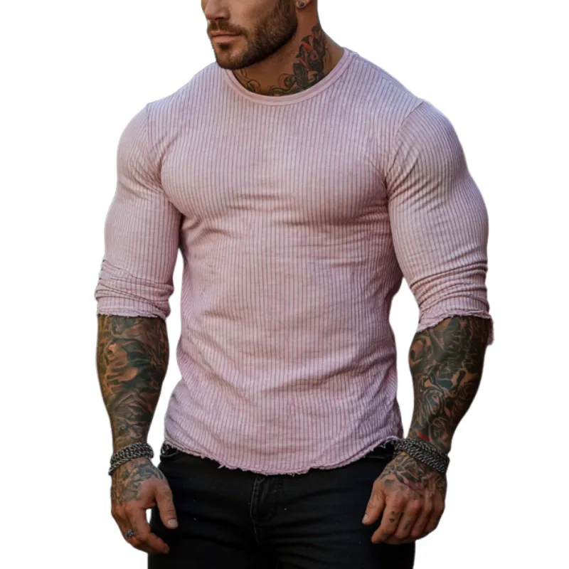 Men's Fashion Slim Fit Striped Raw Edge Crew Neck Long Sleeve T-Shirt 60075632Y