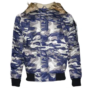 Mens Hoodie Puffer Jacket Zipper Camo Warm Faux Fur Collar Lining Air Force