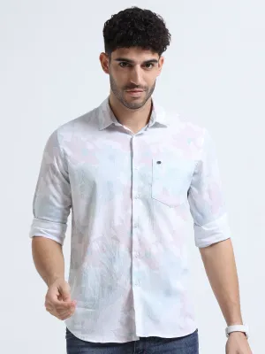 Men's Sky Blue Slim Fit Printed Popcorn Full Sleeve Casual Shirt