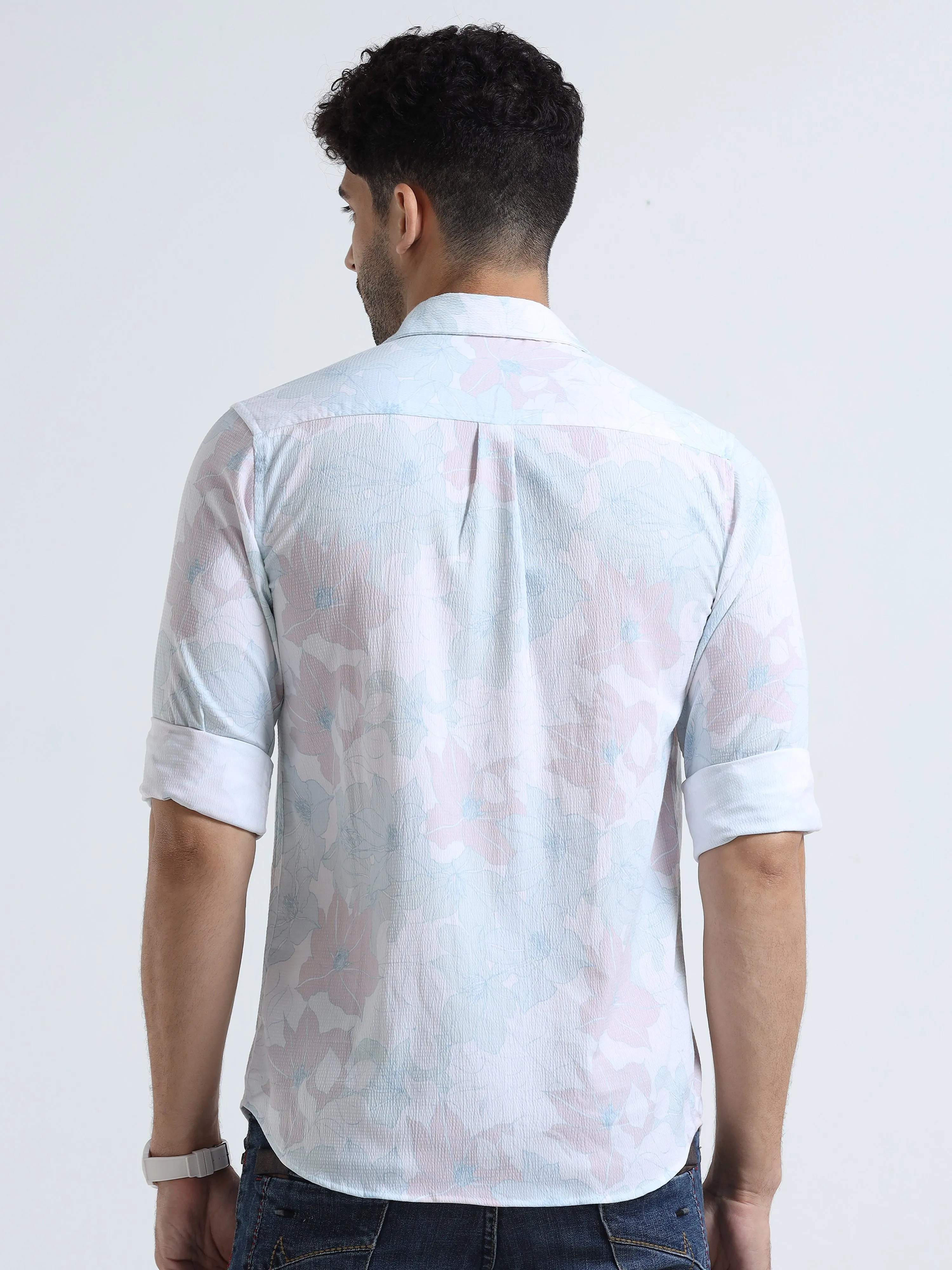 Men's Sky Blue Slim Fit Printed Popcorn Full Sleeve Casual Shirt