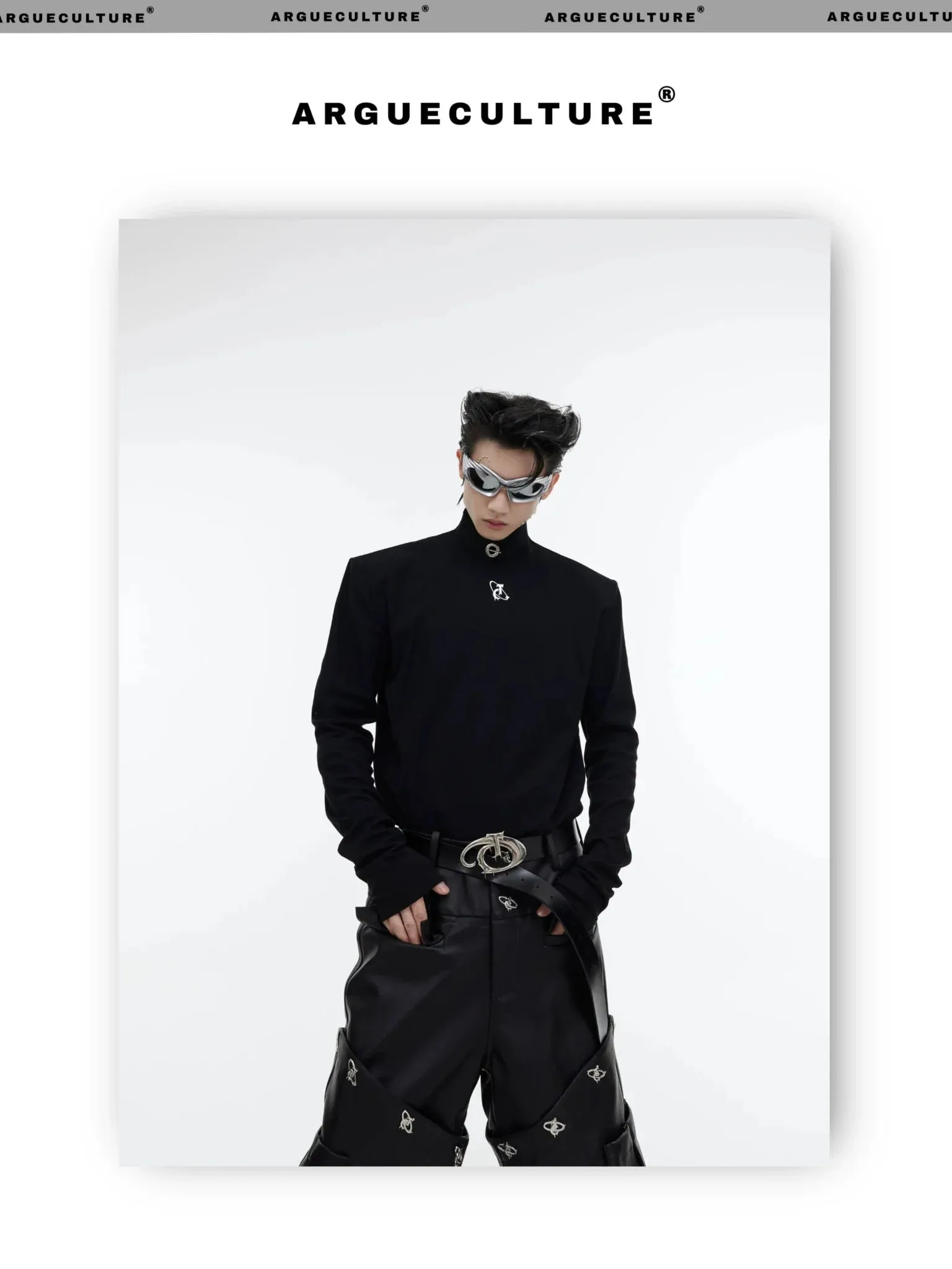Metal Embellished High Neck Padded Shoulder Base Shirt for Autumn/Winter