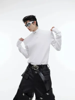 Metal Embellished High Neck Padded Shoulder Base Shirt for Autumn/Winter