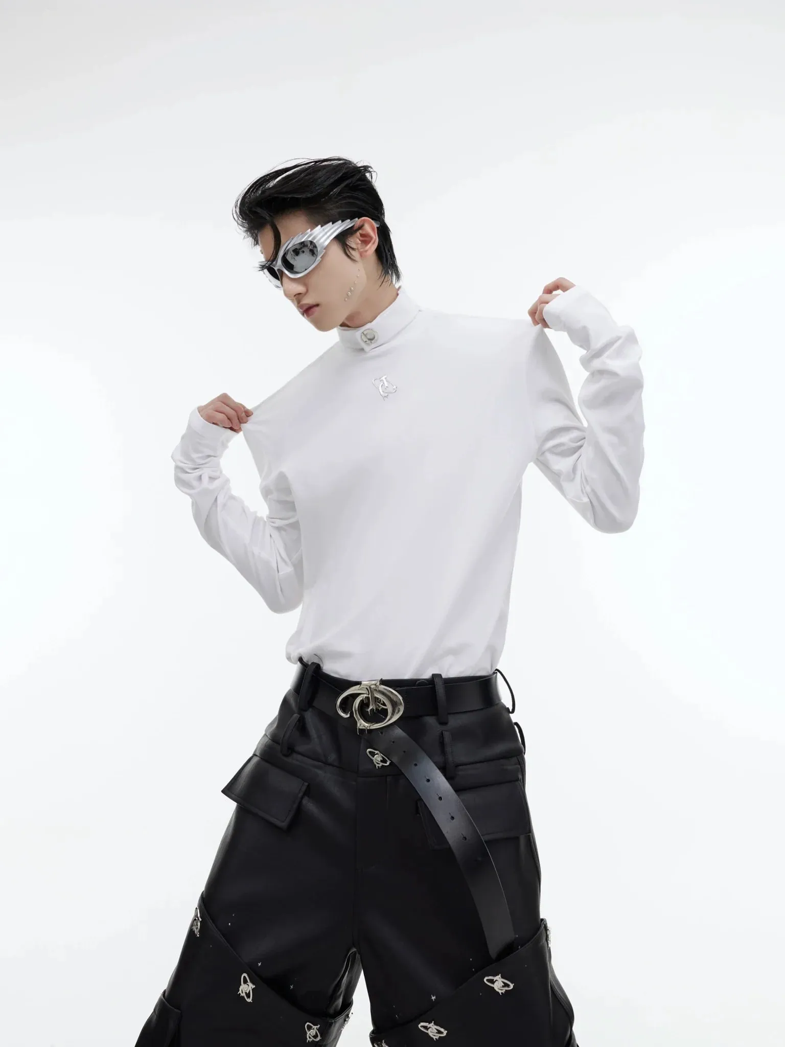 Metal Embellished High Neck Padded Shoulder Base Shirt for Autumn/Winter
