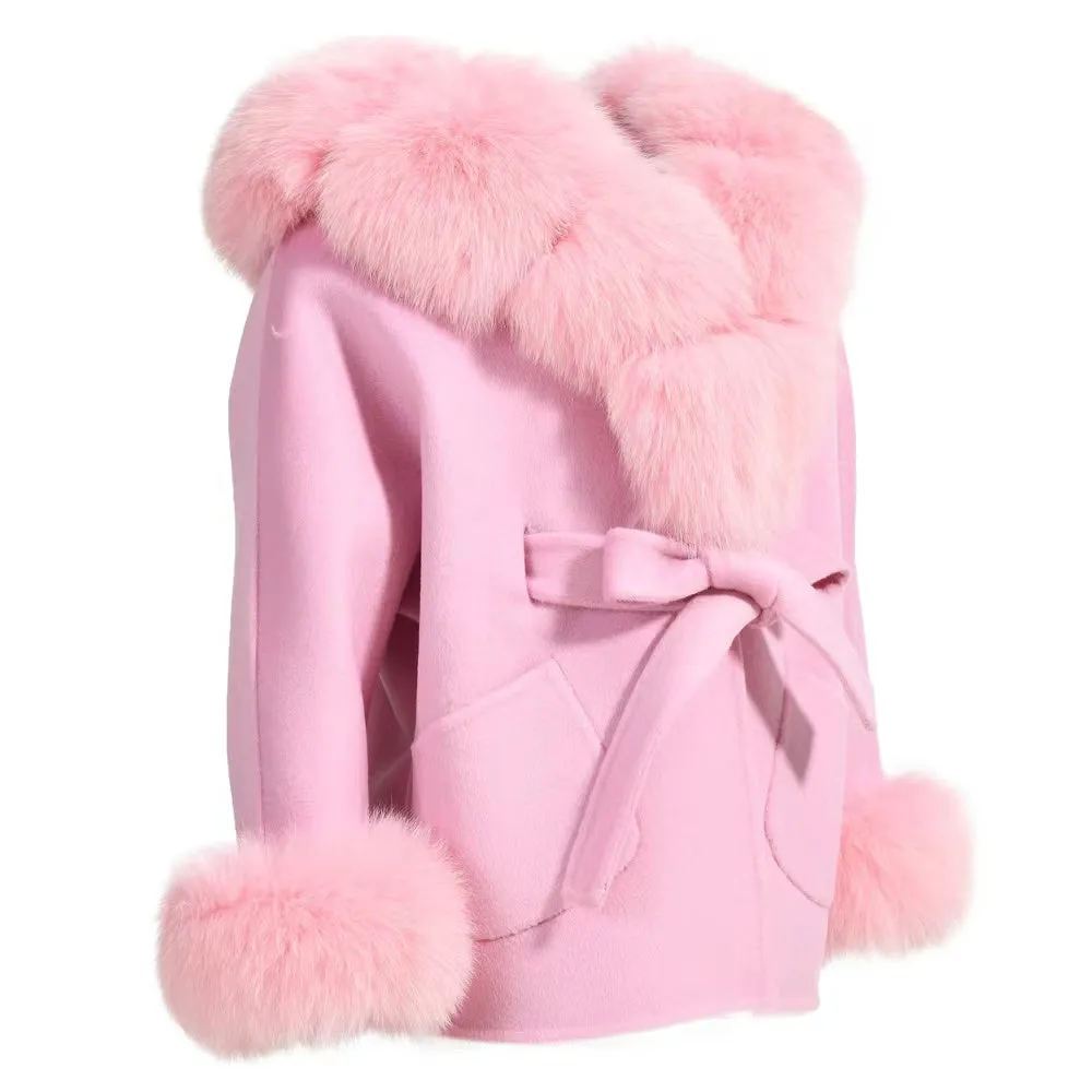 MI LOVES SIGNATURE Luxurious Anna cashmere kids coat with Fox fur trim and cuffs in Beautiful  Pink colour .