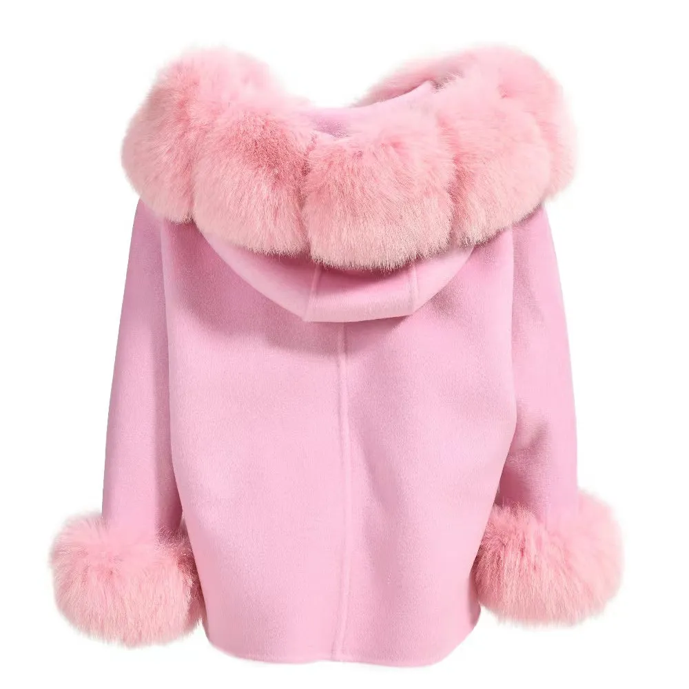 MI LOVES SIGNATURE Luxurious Anna cashmere kids coat with Fox fur trim and cuffs in Beautiful  Pink colour .