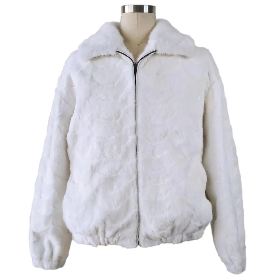 Mink Bomber Jacket w/Full Skin Mink Collar - White