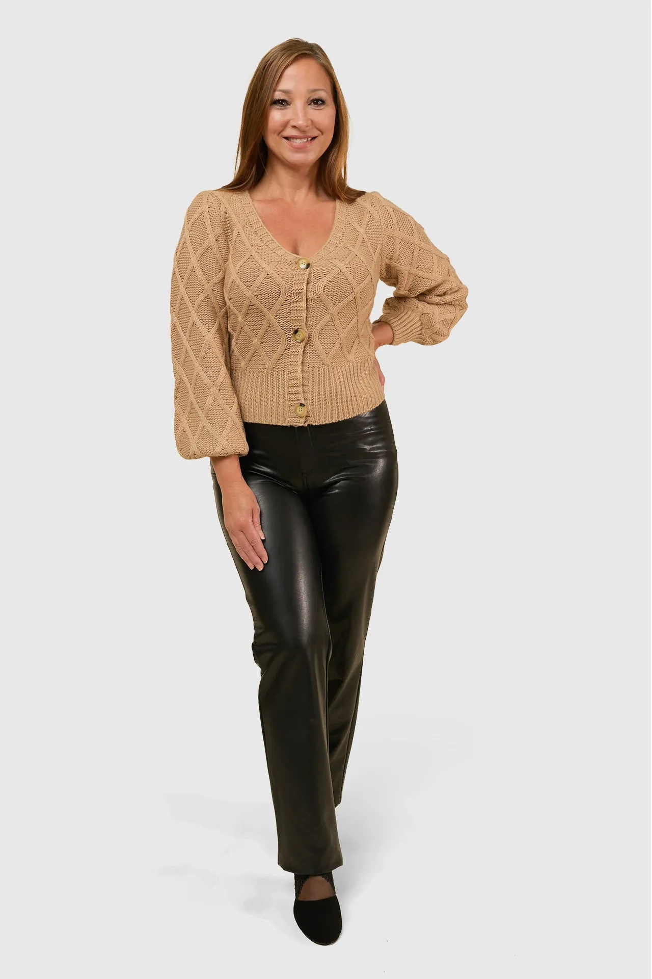 Monochromatic Argyle Balloon Sleeve Cardigan