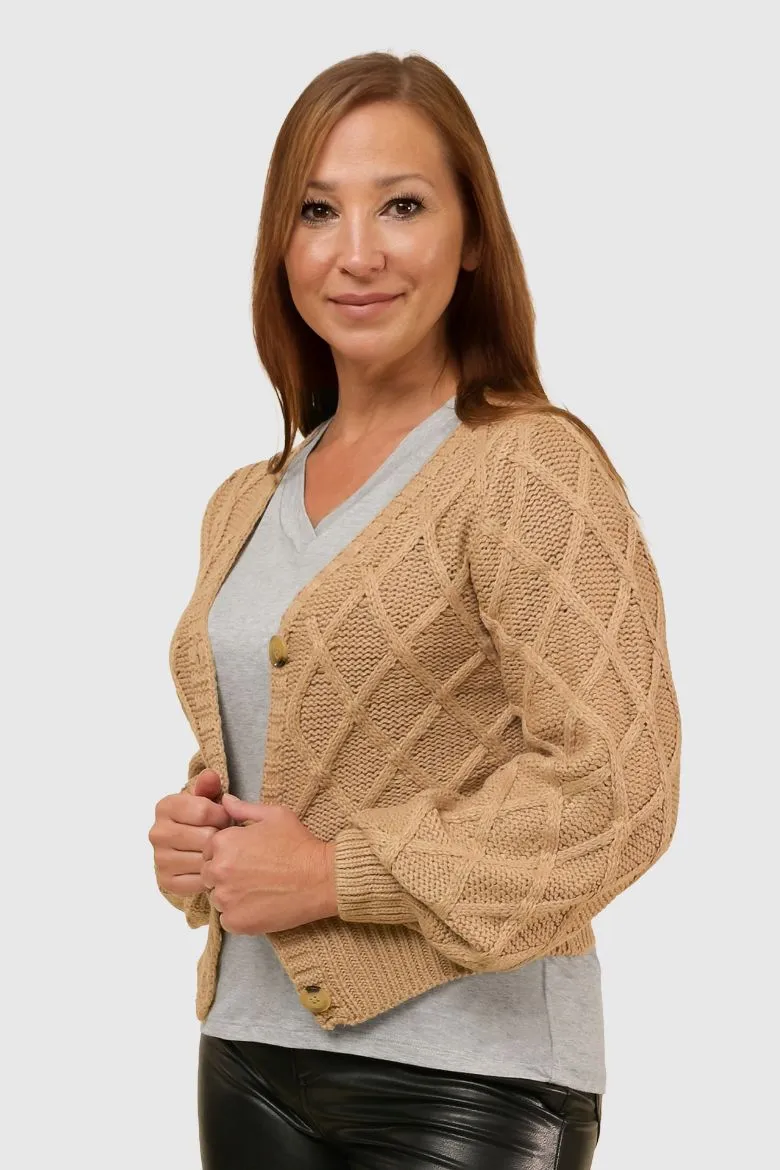 Monochromatic Argyle Balloon Sleeve Cardigan