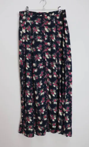 Navy Blue Floral Button-Down Midi-Skirt - L