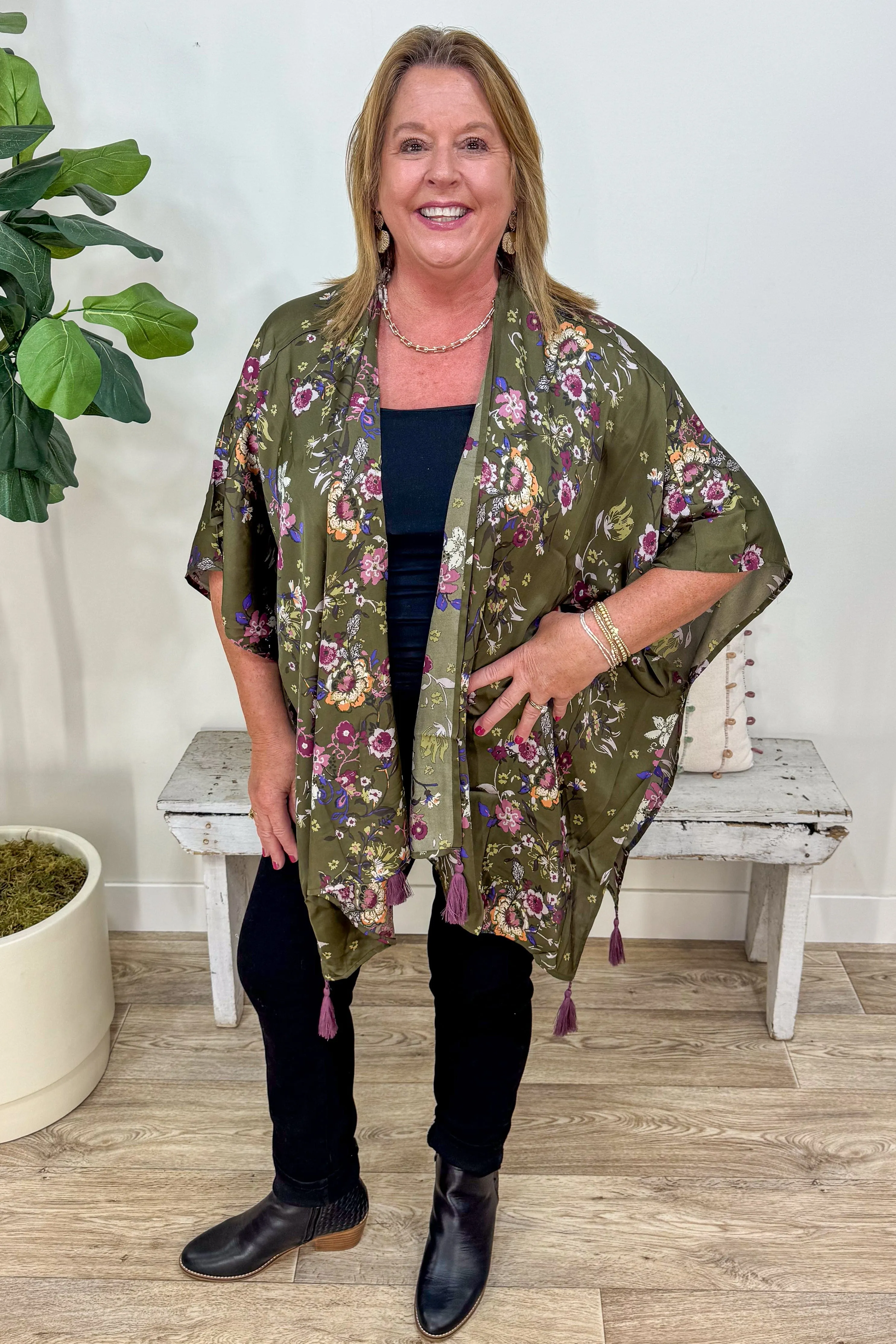 Olive Floral Satin Kimono