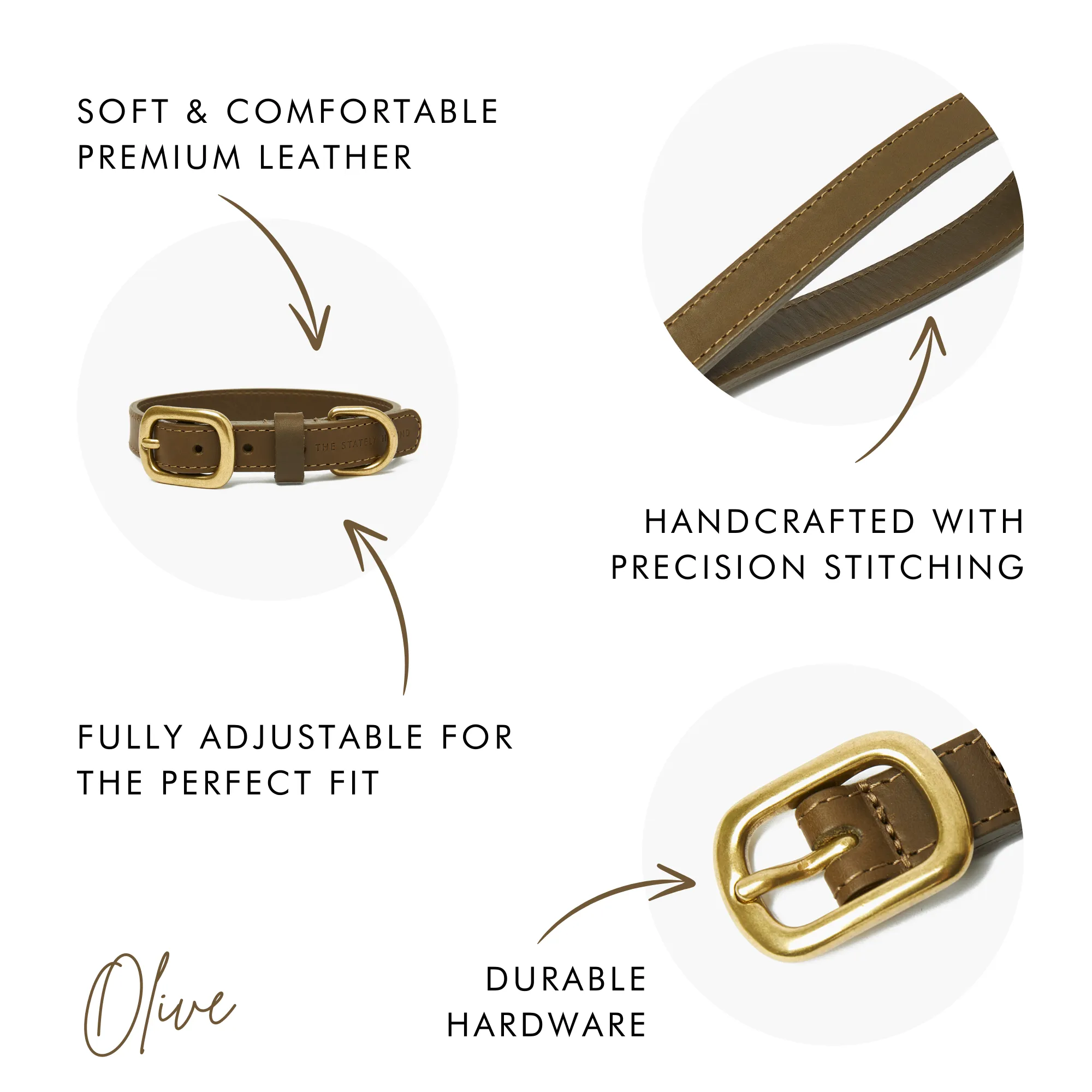 Olive Green Leather Dog Collar & Lead Set with Gold Hardware