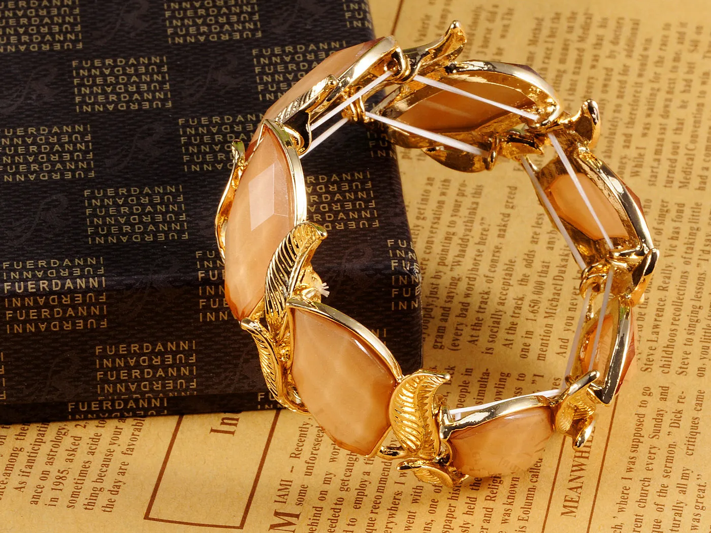 Orange Enamelled Leaf Pattern Stretch Bangle Bracelet