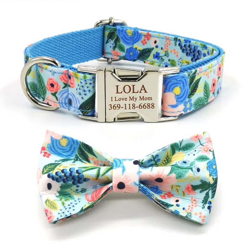Personalized Dog Collar Engraved Metal Buckle Flower Cute for Girl Dogs - Blue