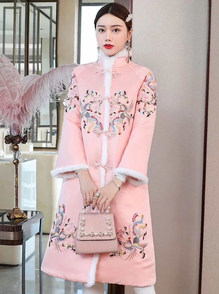 Phoenix Embroidery Brocade Long Chinese Style Wadded Coat Wind Coat
