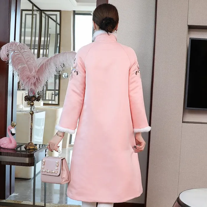 Phoenix Embroidery Brocade Long Chinese Style Wadded Coat Wind Coat