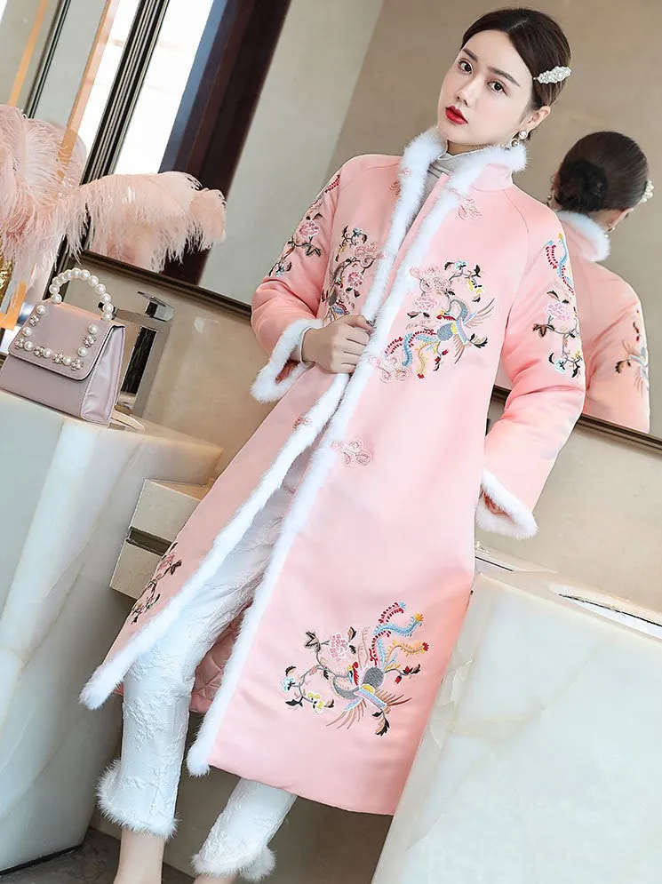 Phoenix Embroidery Brocade Long Chinese Style Wadded Coat Wind Coat