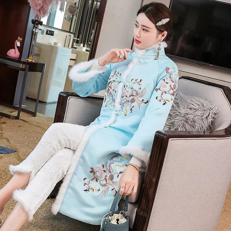 Phoenix Embroidery Brocade Long Chinese Style Wadded Coat Wind Coat