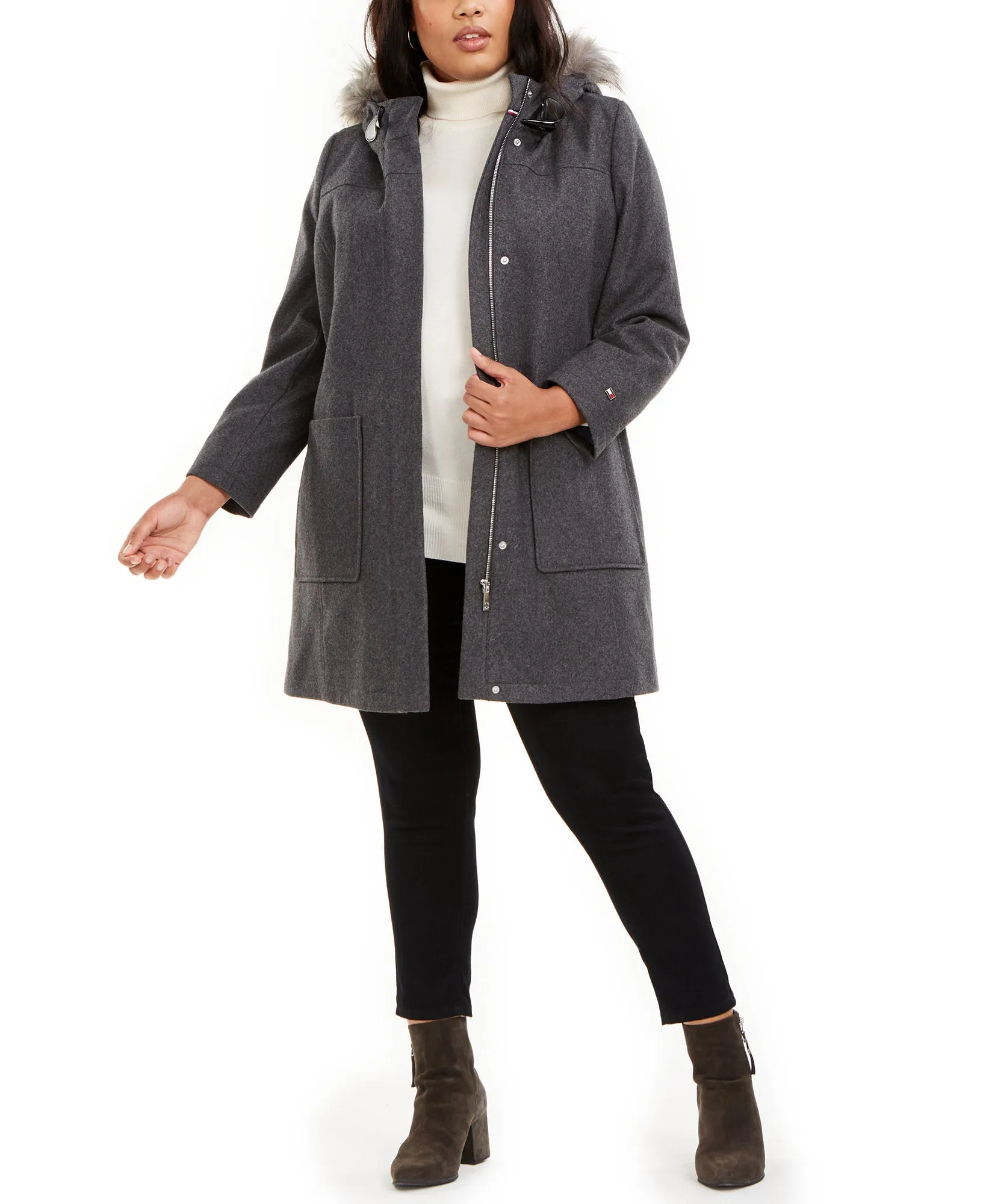 Plus Faux-Fur-Trim Hooded Belted Coat