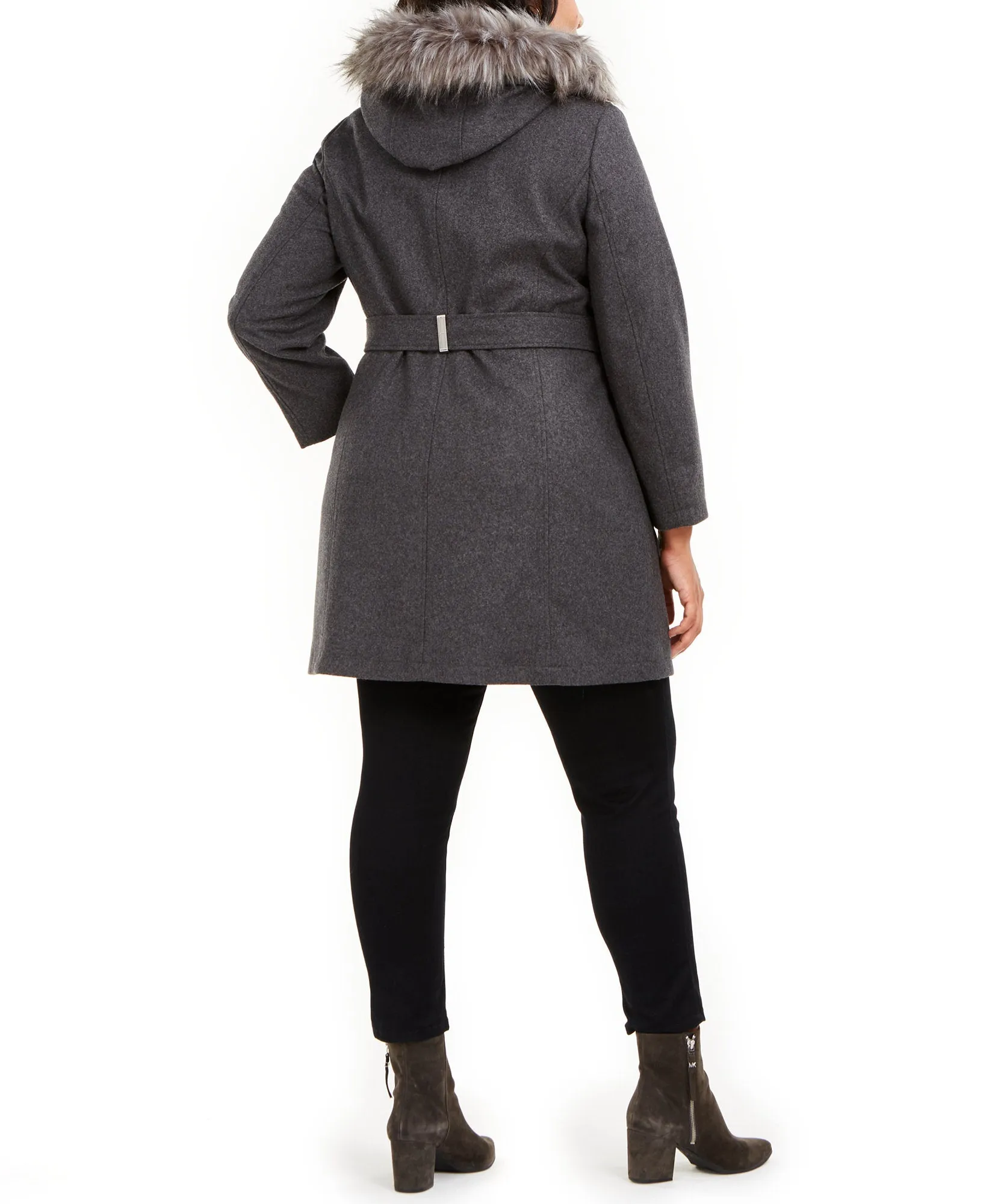 Plus Faux-Fur-Trim Hooded Belted Coat
