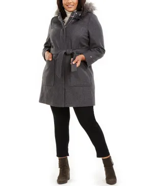 Plus Faux-Fur-Trim Hooded Belted Coat