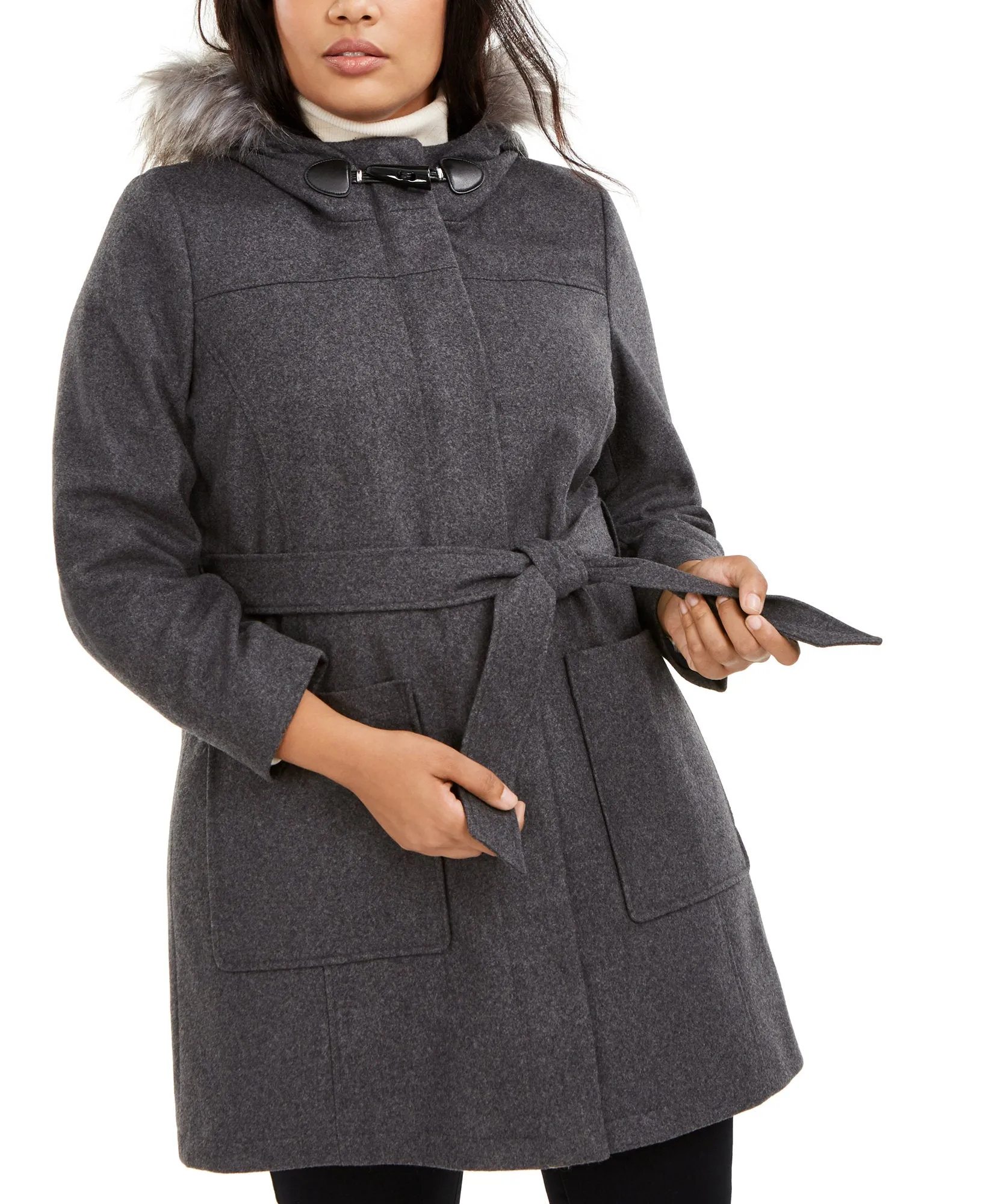 Plus Faux-Fur-Trim Hooded Belted Coat