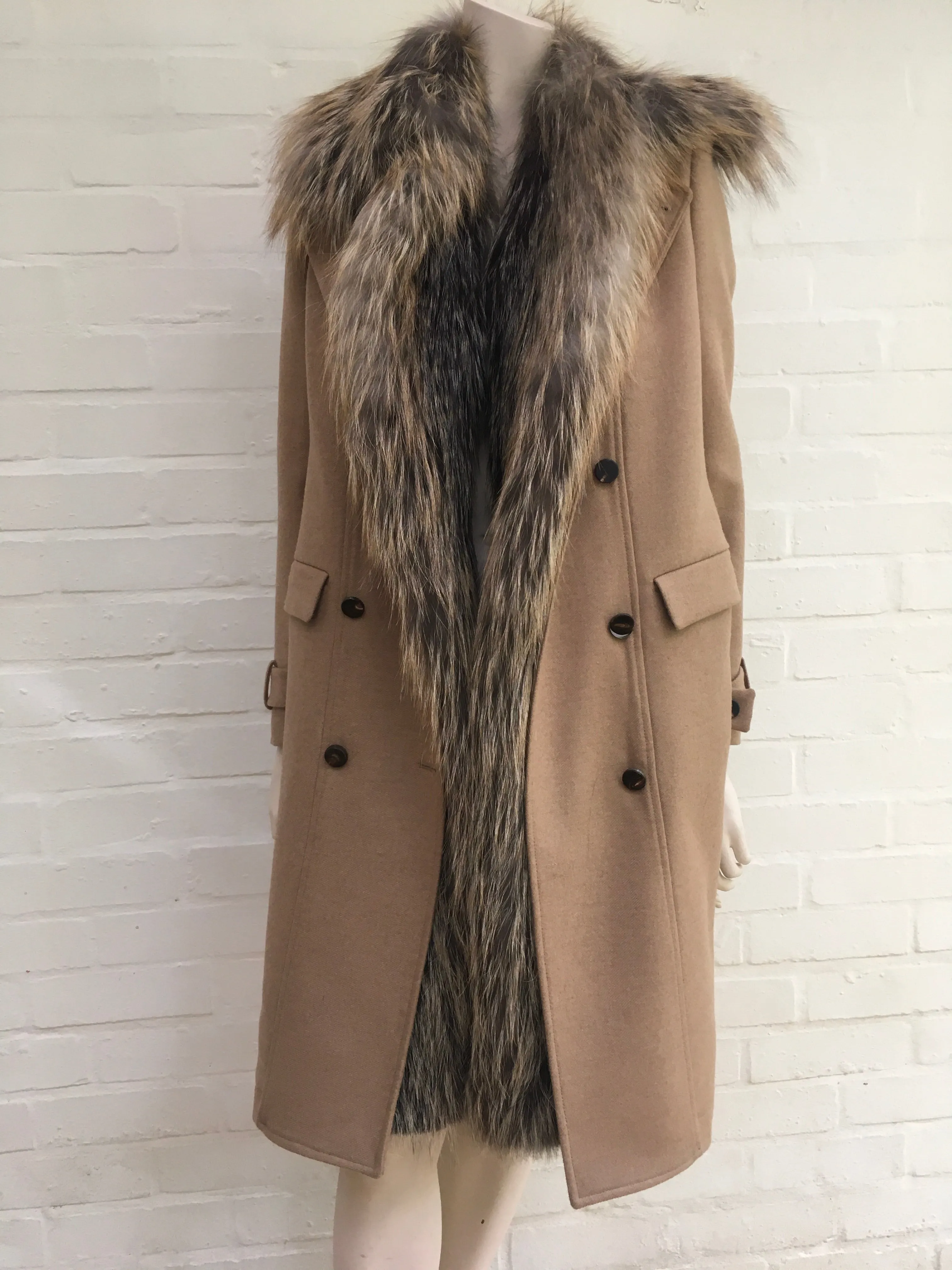 Roberto Cavalli Runaway Beige Fur Trim Coat Size I 40 UK 8 US 4 S SMALL ladies