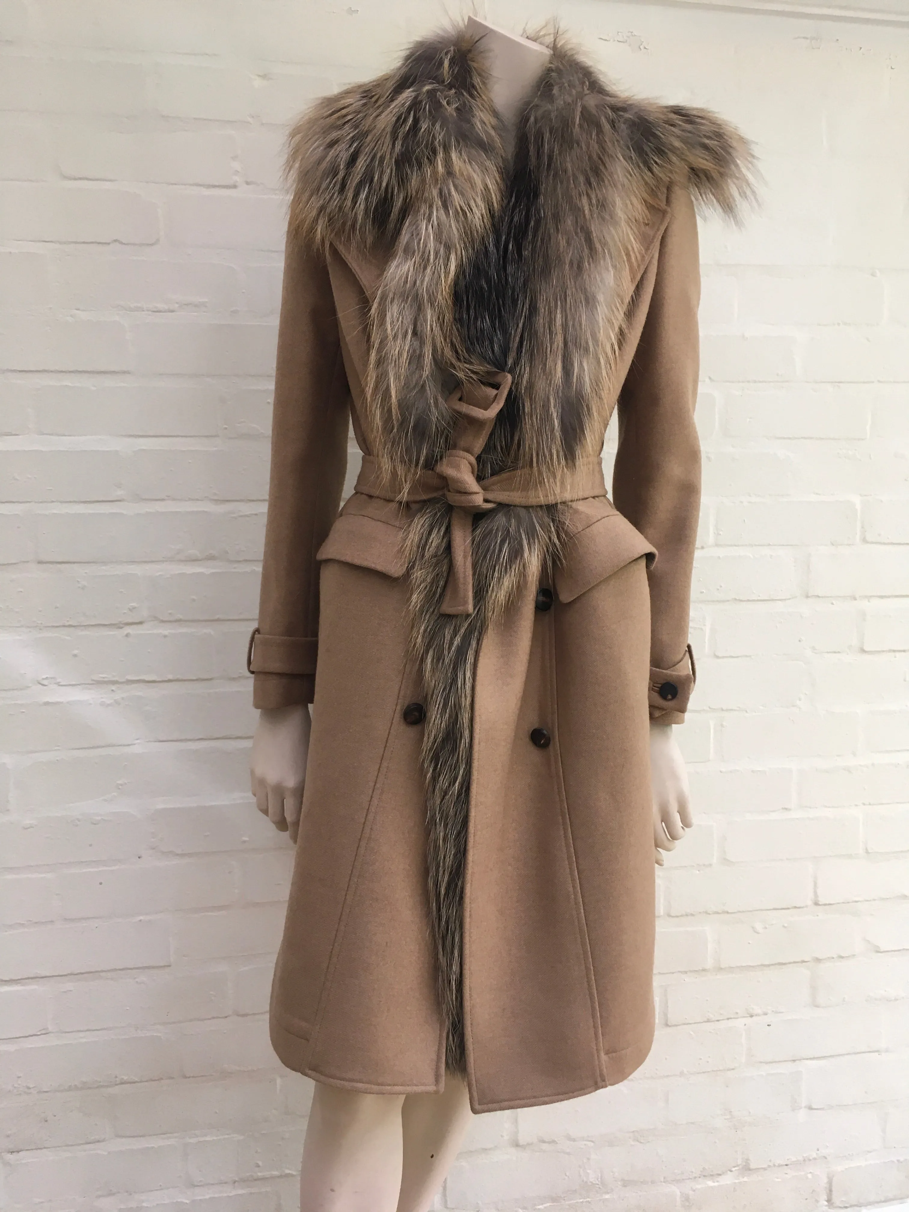 Roberto Cavalli Runaway Beige Fur Trim Coat Size I 40 UK 8 US 4 S SMALL ladies