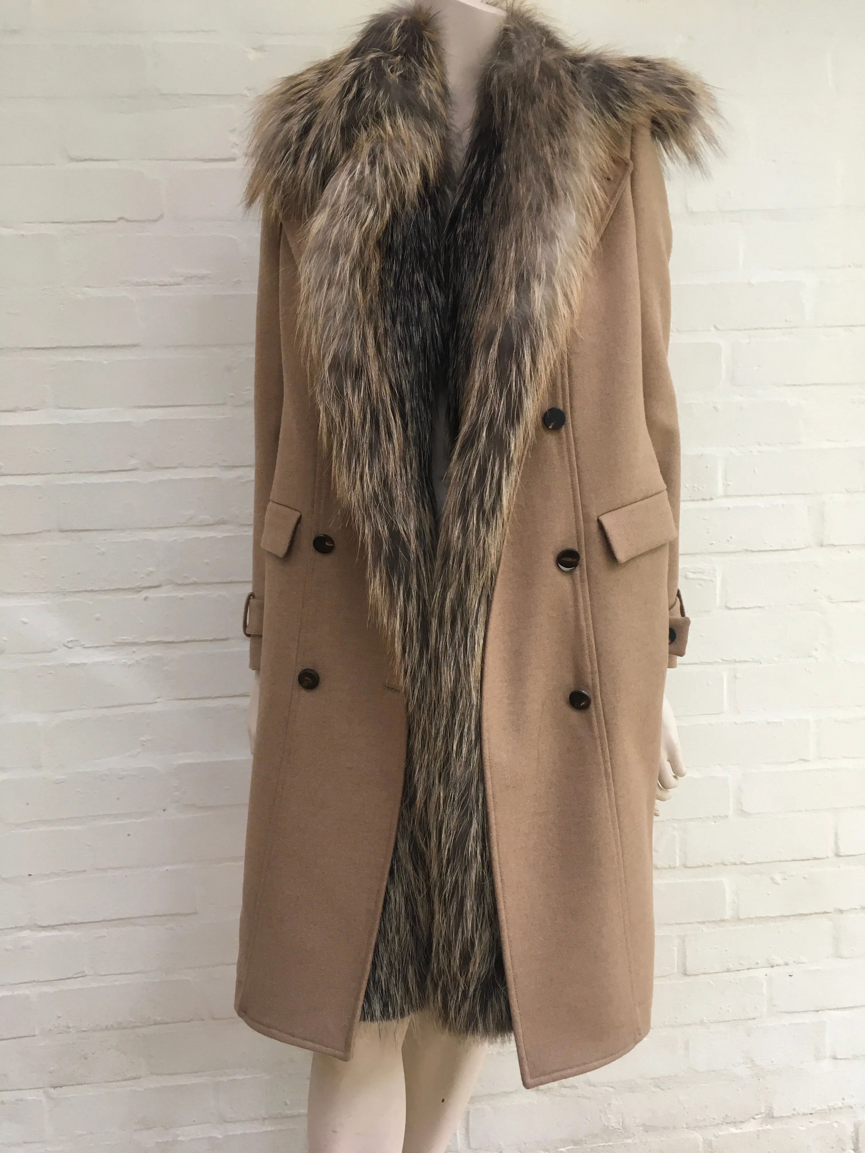 Roberto Cavalli Runaway Beige Fur Trim Coat Size I 40 UK 8 US 4 S SMALL ladies