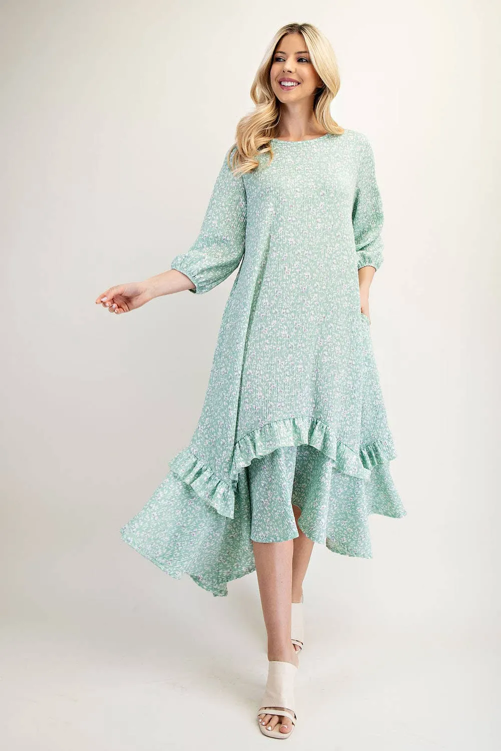 SAGE FLORAL HIGH-LOW DRESS WITH RUFFLE HEM S-3X