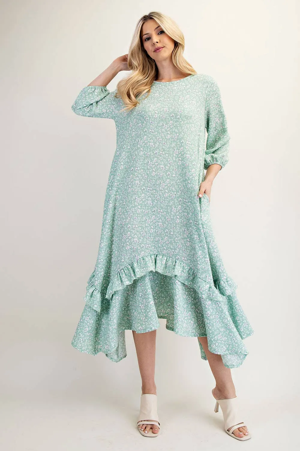 SAGE FLORAL HIGH-LOW DRESS WITH RUFFLE HEM S-3X