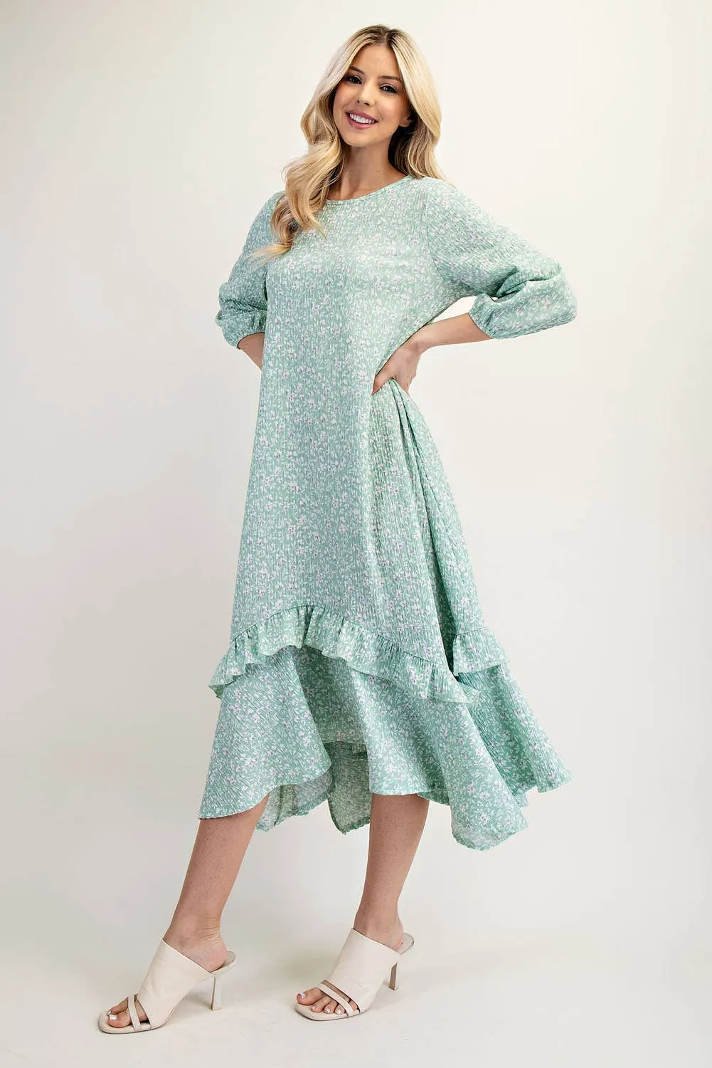 SAGE FLORAL HIGH-LOW DRESS WITH RUFFLE HEM S-3X
