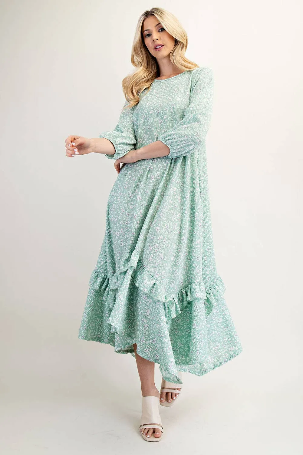SAGE FLORAL HIGH-LOW DRESS WITH RUFFLE HEM S-3X
