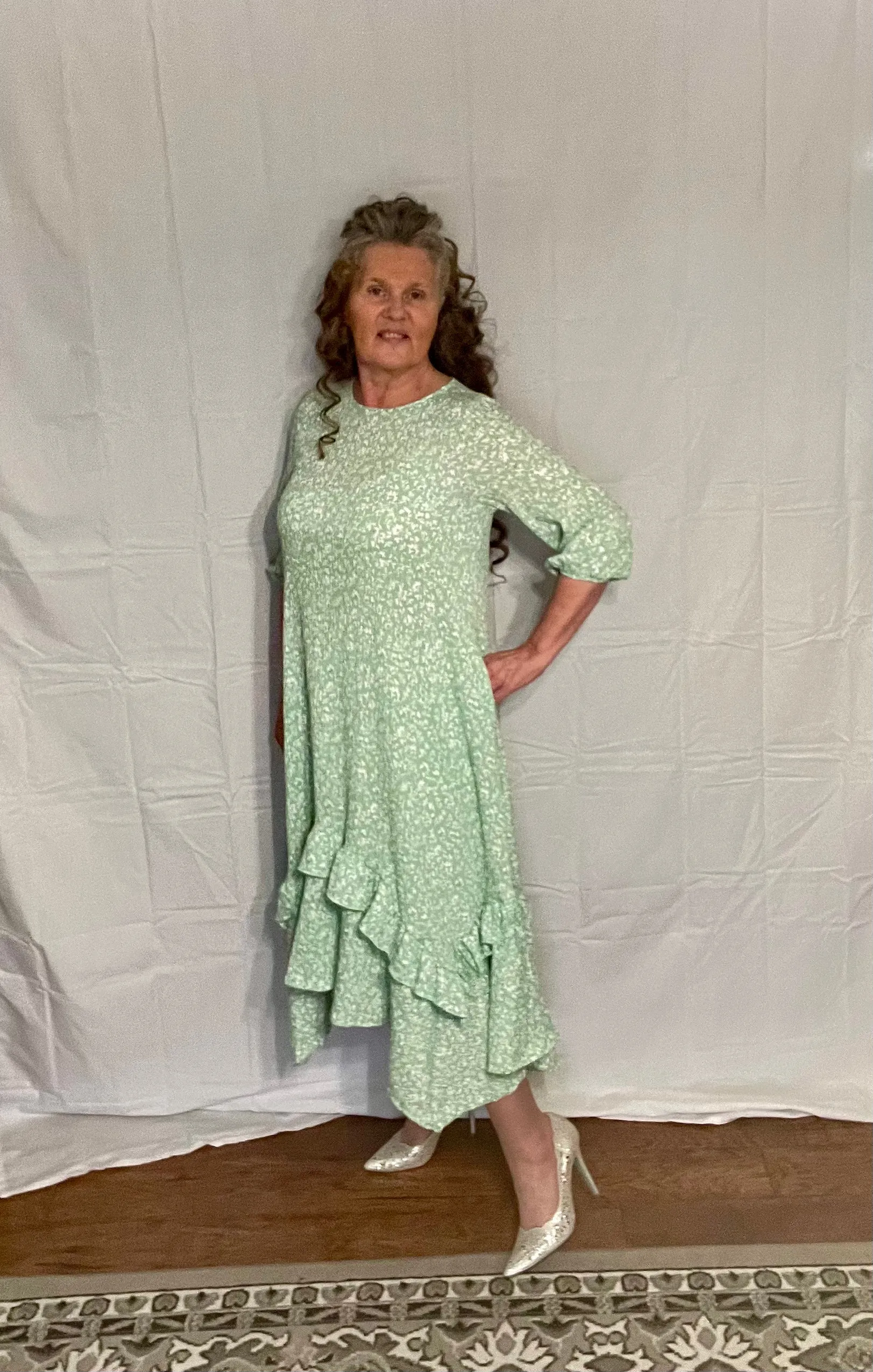 SAGE FLORAL HIGH-LOW DRESS WITH RUFFLE HEM S-3X