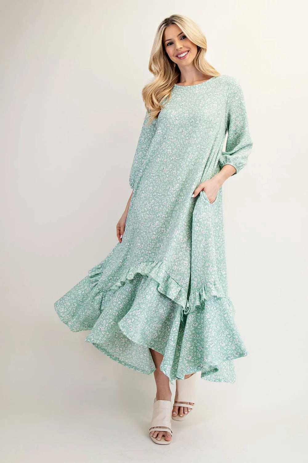 SAGE FLORAL HIGH-LOW DRESS WITH RUFFLE HEM S-3X
