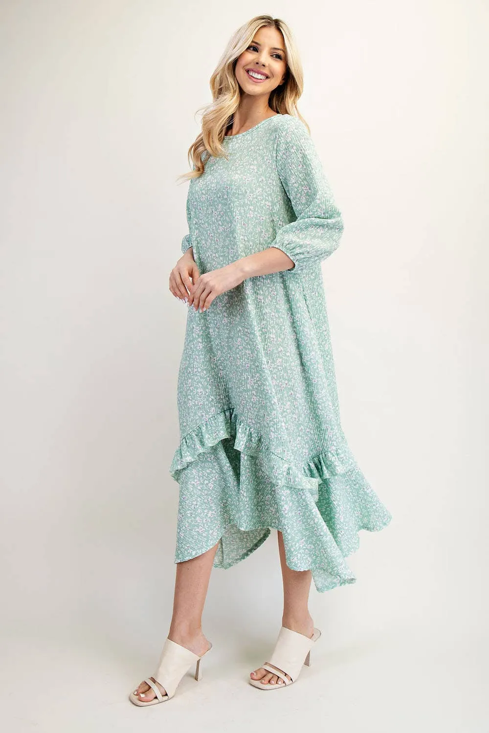 SAGE FLORAL HIGH-LOW DRESS WITH RUFFLE HEM S-3X