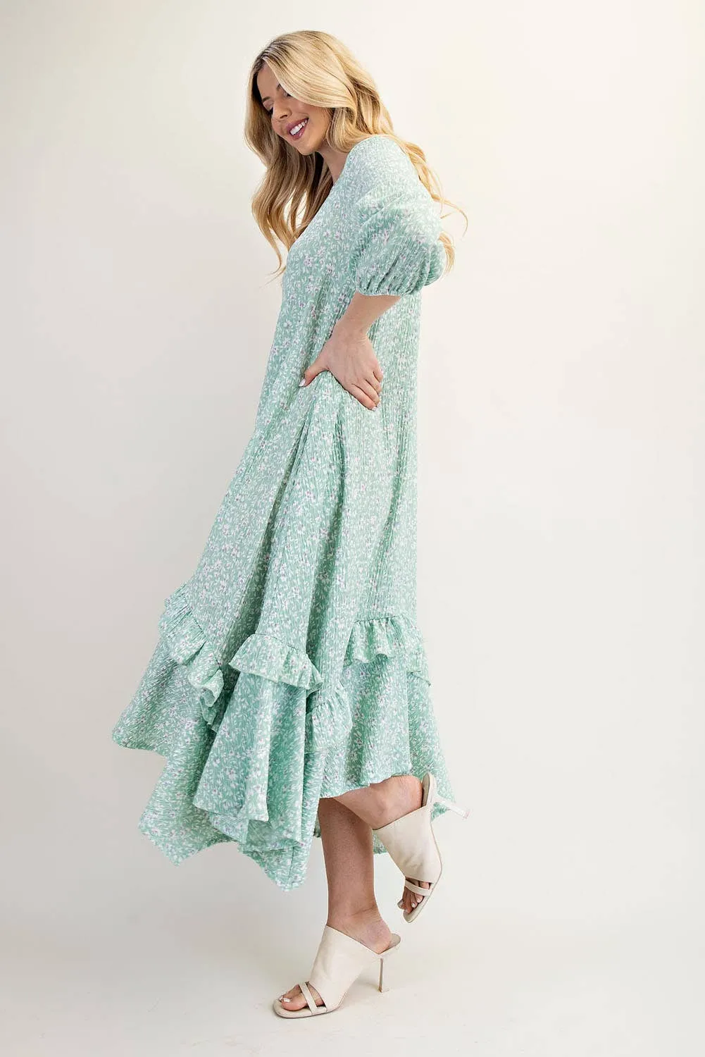 SAGE FLORAL HIGH-LOW DRESS WITH RUFFLE HEM S-3X
