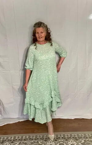SAGE FLORAL HIGH-LOW DRESS WITH RUFFLE HEM S-3X