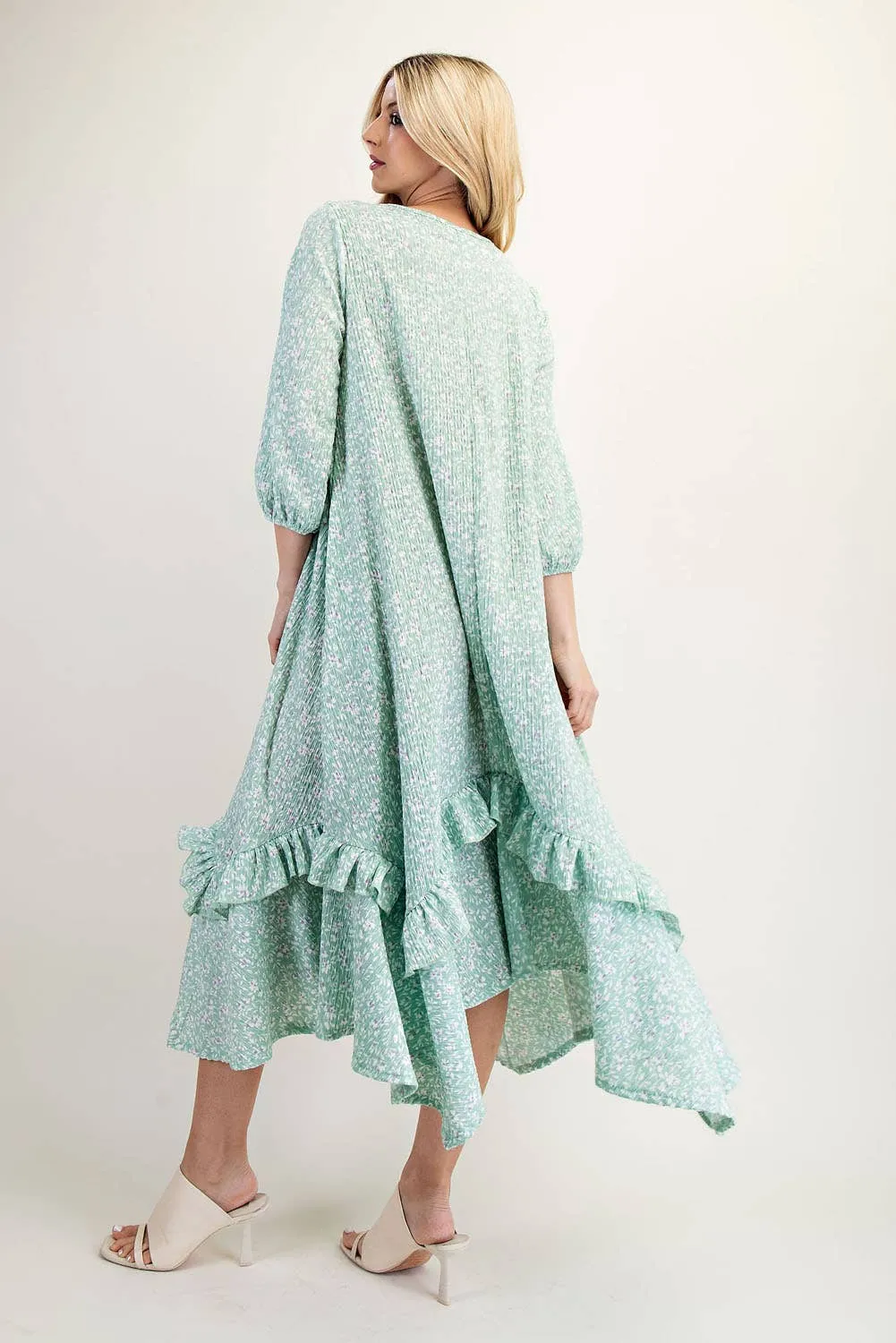 SAGE FLORAL HIGH-LOW DRESS WITH RUFFLE HEM S-3X