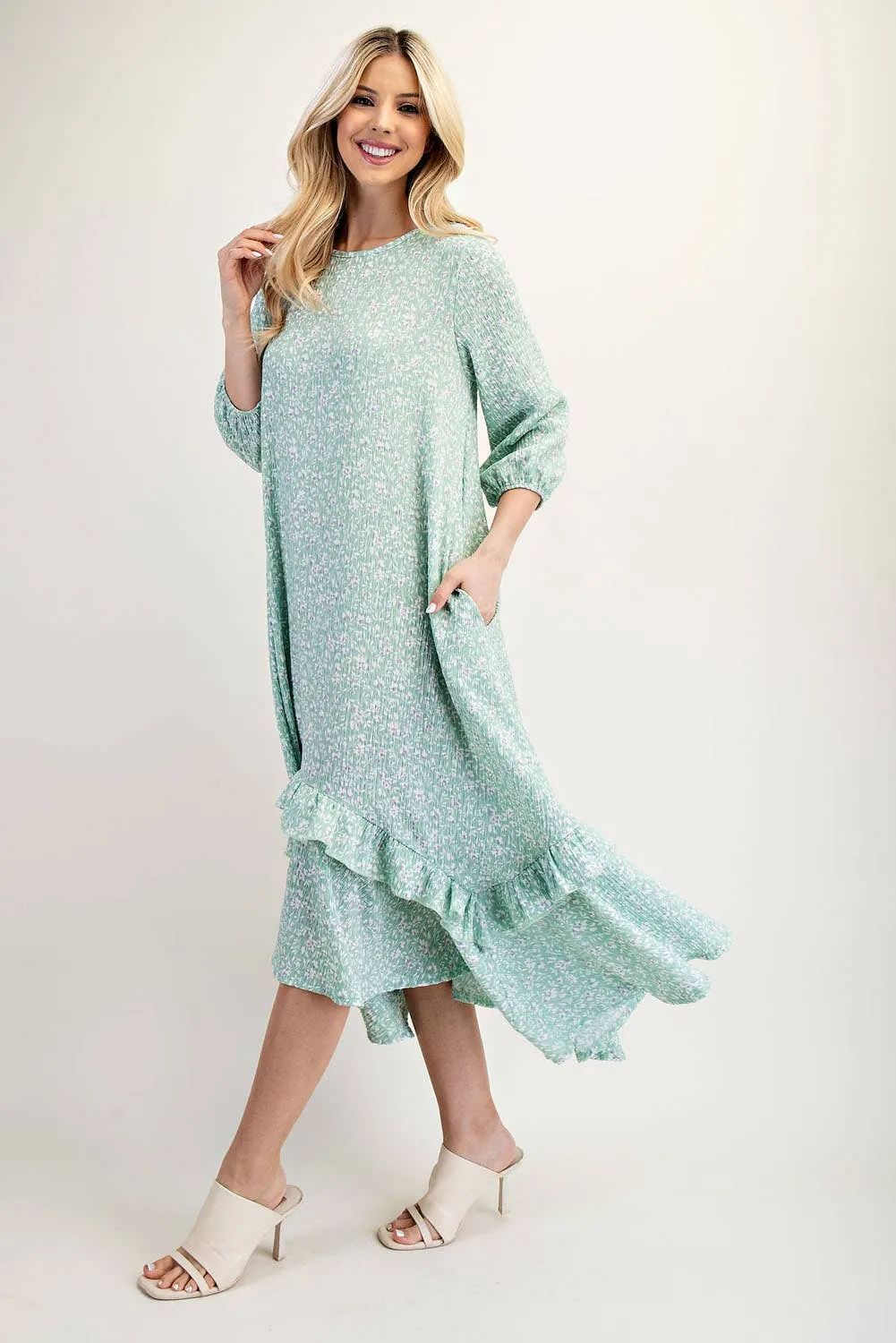 SAGE FLORAL HIGH-LOW DRESS WITH RUFFLE HEM S-3X