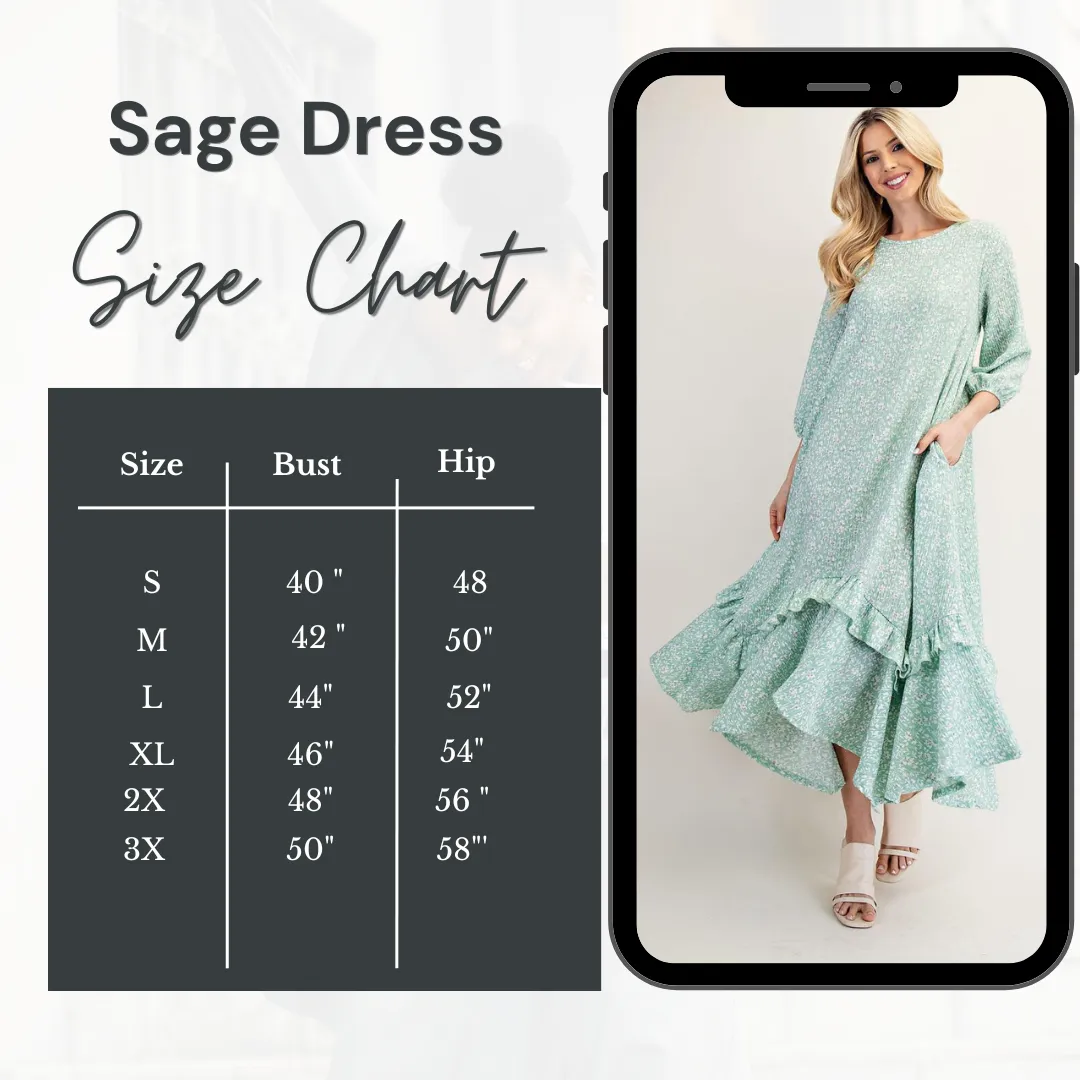 SAGE FLORAL HIGH-LOW DRESS WITH RUFFLE HEM S-3X
