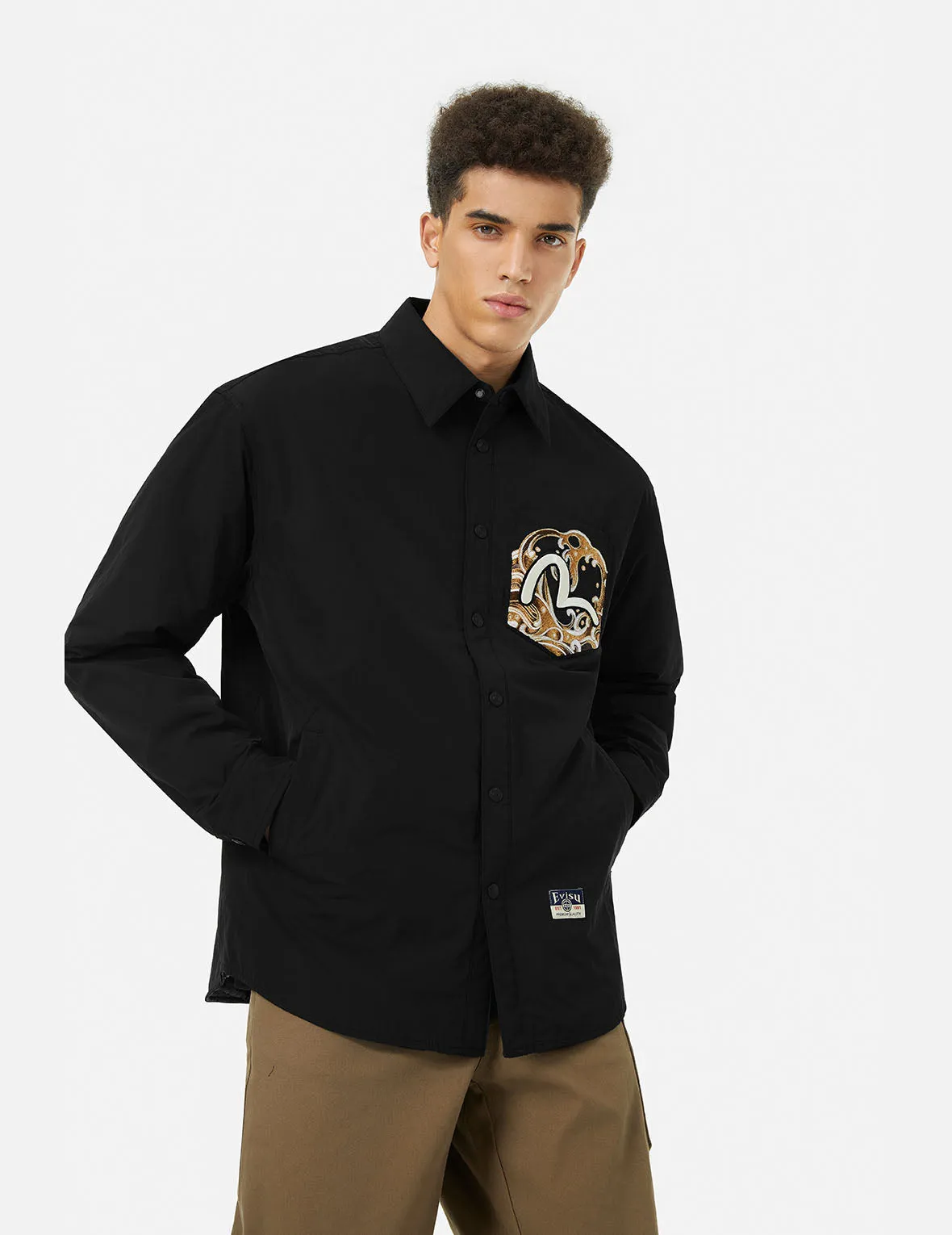 Seagull and Wave Embroidery Relax Fit Padded Shirt Jacket